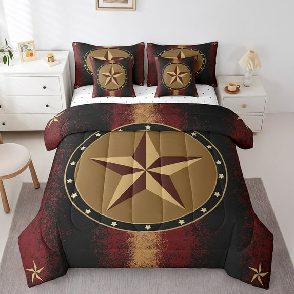 Western 7Pcs Comforter Set Full Size,Cowboy Stars Bedding Set Teens Adult Women,Vintage Black Red Ombre Print Fitted Flat Sheet Southwest Tribal 2 Throw Pillow Covers,2 Pillowcases
