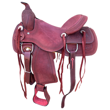New! Youth Roping Style Western Hard Seat Saddle with Floral Tooling - 13 Inch main image 1