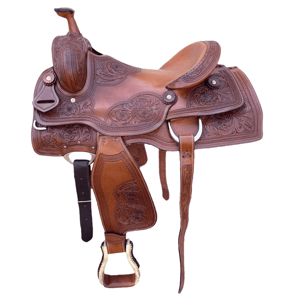 Resistance Western Adult Ranch Horse Saddle with Premium Oily Leather Double Skirt, 14 15 16 17 inch