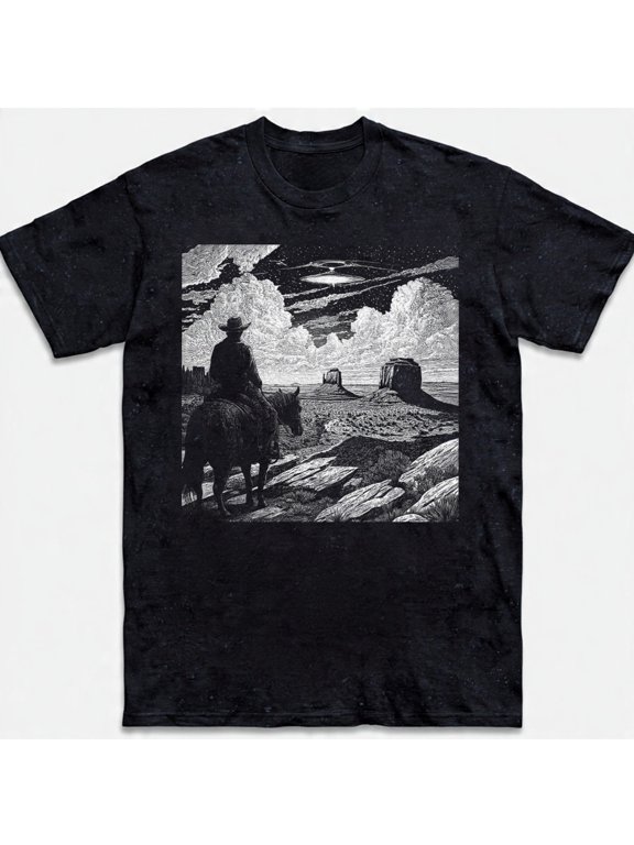 Western Alien T-Shirt Cowboy Horse Watching UFO In Desert Vintage Sweatshirt