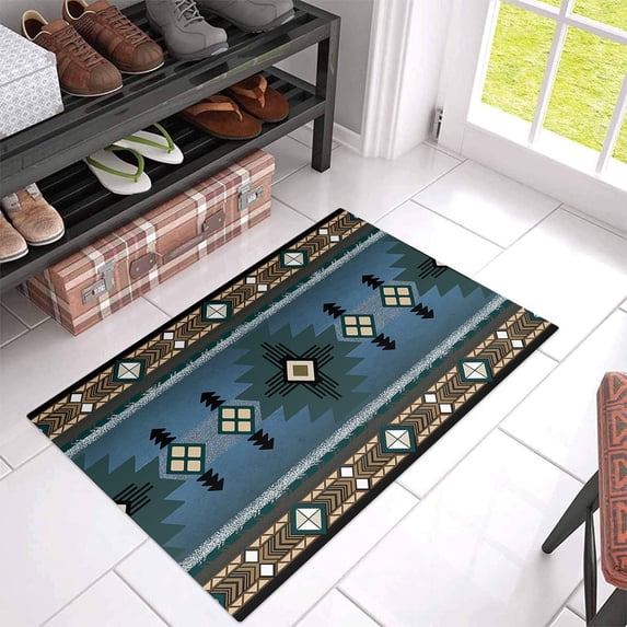 Western American Country Native USA Geometric Door Mat, Welcome Entrance Doormat Non-Slip Bath Mats Thin Floor Carpet Tribal Pattern Rug Pad for Bedroom Bathroom Kitchen