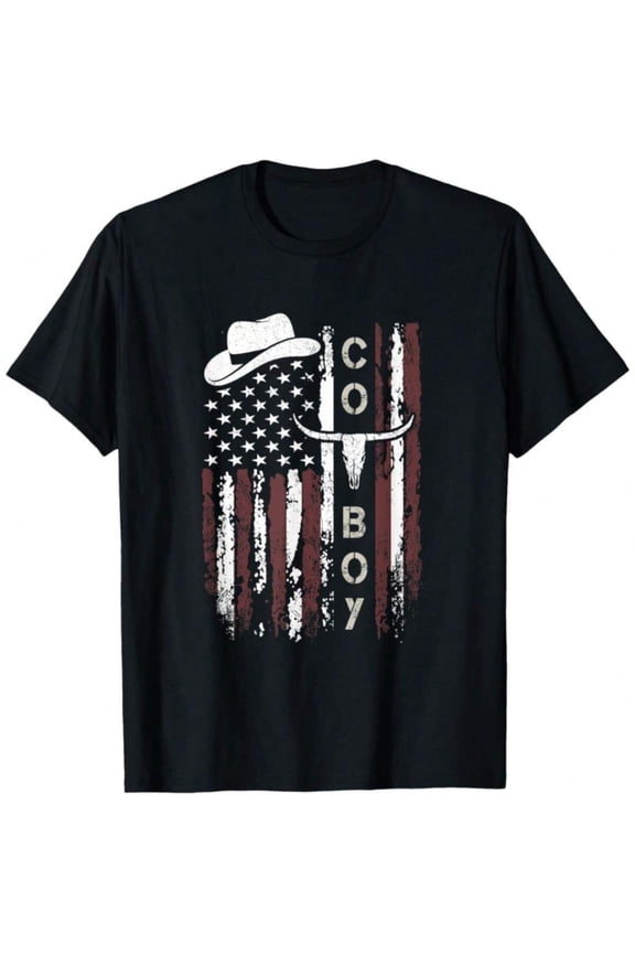 Western American Flag Patriotic Longhorn Skull Vintage Retro Men's Graphic Tee Distressed USA Country Rodeo Style T-Shirt