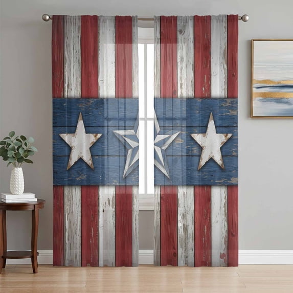 Western American Flag Sheer Curtains 84 Inch Length 2 Panels Set, Red White Striped Vintage Voile Window Treatment Rod Pocket Curtains Sheers Drapes for Bedroom/Living Room/Kitchen 52"x84"x2