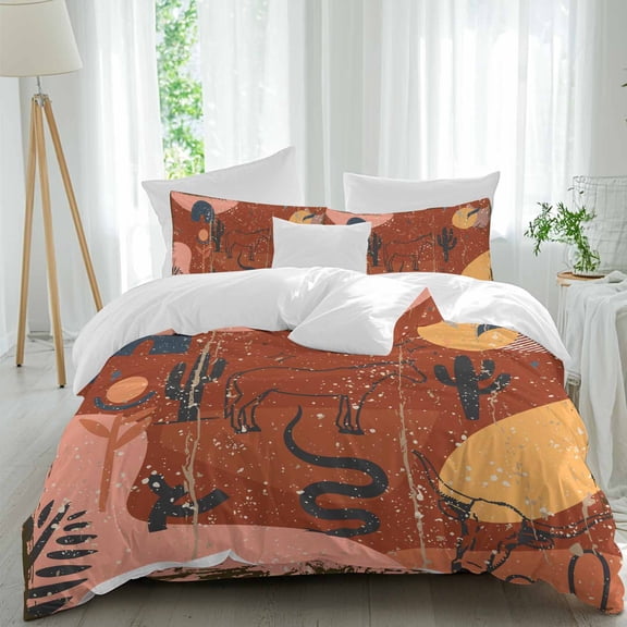 Western Animal Full Size Comforter Set, Cactus Horse Leaf Boho Orange Vintage Bedding for All Seasons, 4 Pcs Bed Set, 1Quiltcover (86"x86") ,1Sheet(80"x116"), 2Pillowcases (30"x20")