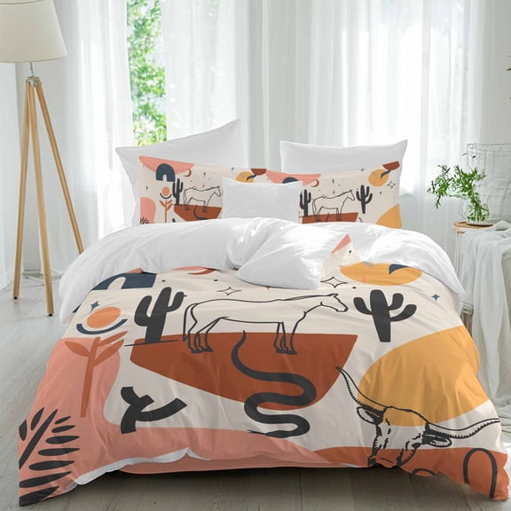 Western Animal Queen Size Comforter Set, Cactus Horse Cow Snake Leaf Boho Bedding for All Seasons, 4 Pcs Bed Set, 1Quiltcover (90"x92") ,1Sheet(94"x116"), 2Pillowcases (30"x20")