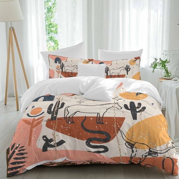 Western Animal Queen Size Comforter Set, Cactus Horse Leaf Boho Retro Bedding for All Seasons, 4 Pcs Bed Set, 1Quiltcover (90"x92") ,1Sheet(94"x116"), 2Pillowcases (30"x20")
