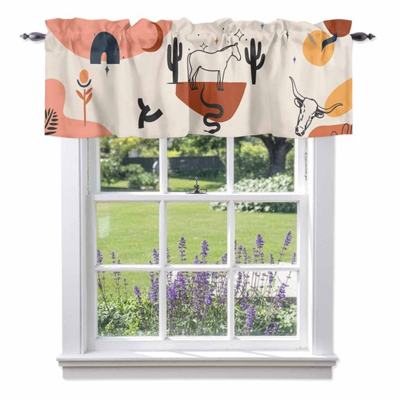 Western Animal Valance Curtain for Windows Cactus Horse Cow Snake Leaf Boho Rod Pocket Curtain Valances Short Window Treatments Panels for Kitchen Bathroom Laundry Room Basement 42 x 12 Inch