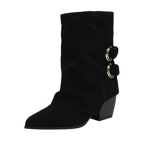 Western Ankle Boots for Women Suede Wide Calf Buckle Strap Pull on Booties Heeled Pointed Toe Short Boots