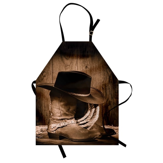 Western Apron, Wild West Themed Cowboy Hat and Old Ranching on Wooden Display Rodeo Cowboy Style, Unisex Kitchen Bib with Adjustable Neck for Cooking Gardening, Adult Size, Brown, by Ambesonne