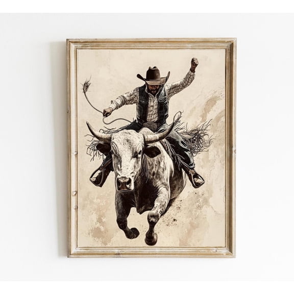 Western Art PrintCowboy Riding Bucking Bull Wall Decor Poster Vintage Horse Art Rustic Horse Lover Rodeo Wall Decor Poster E730, Unframed Poster Size 8x12 F03.1.18l180