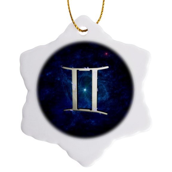 3drose, Western Astrology Gemini Symbol with Starry Space Background., 3 inch Snowflake Porcelain Ornament