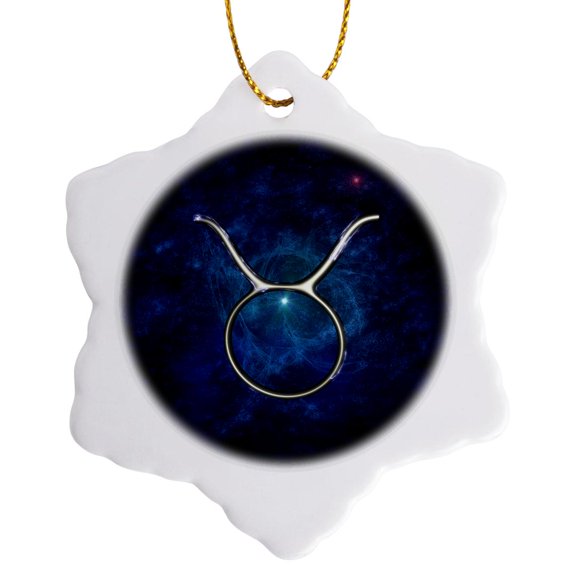 3drose, Western Astrology Taurus Symbol with Starry Space Background., 3 inch Snowflake Porcelain Ornament