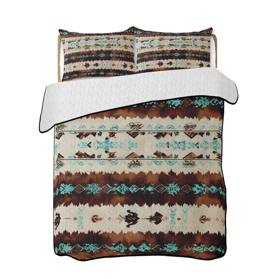 Western Aztec 3 Piece Quilt Bedding Set with 2 Pillow Shams, Brown Turquoise Tribal Ethnic Geometric Lightweight Bedspread Coverlet, Soft Breathable All Season Quilt, 68 x 98 Inch