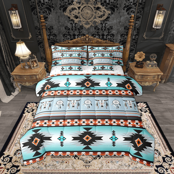 Western Aztec Bed in a Bag Queen Comforter Set 7 Piece,Boho Highland Cow Dream Catcher Bedding Sets Tribal Arrow Vintage Exotic Bull Cattle Sheet Set with Comforter