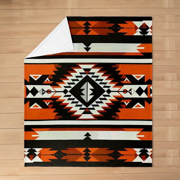 Western Aztec Boho Kids Flannel Blanket Native Style Geometric Stripes Fleece Throw Blanket Polyester Soft Cozy Tribal Exotic Orange Black Fuzzy Blanket Art Bed Blanket for Sofa (30"x40")