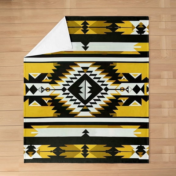 Western Aztec Boho Kids Flannel Blanket Native Style Geometric Stripes Fleece Throw Blanket Polyester Soft Cozy Tribal Exotic Yellow Black Fuzzy Blanket Art Bed Blanket for Sofa (30"x40")