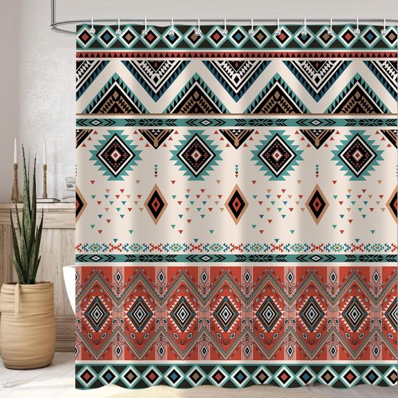 Western Aztec Cactus Shower Curtain Set, Boho Abstract Pattern Geometric Vintage Bathroom Decoration, Polyester Fabric Waterproof Bath Curtain 72x72 Inch with 12 Hooks