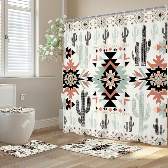 Western Aztec Cactus Shower Curtain Set with Non-Slip Rugs, Toilet Lid Cover and Bath Mat, Southwestern Tribal Geometric Ethnic 12 Hooks, Boho for Bathroom Decor