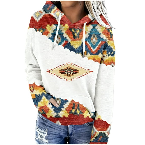 Western Aztec Casual Hoodies for Women Geometric Print Pullover Vintage Ethnic Long Sleeve Loose Hooded Sweatshirt Tops
