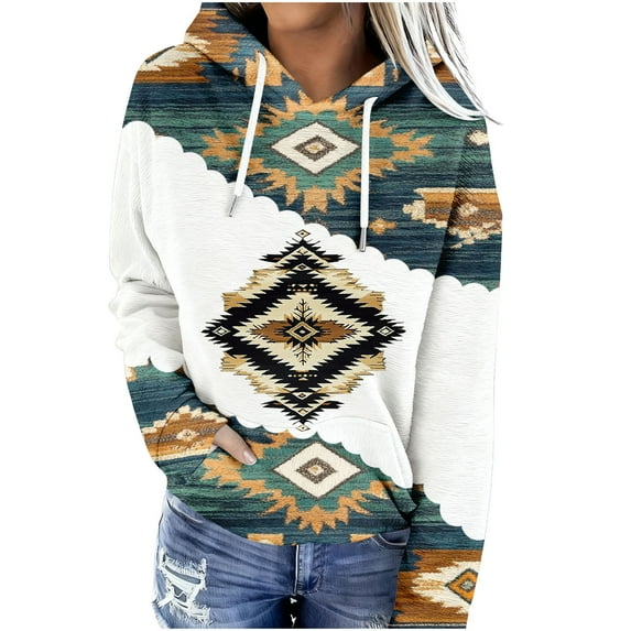Western Aztec Casual Hoodies for Women Geometric Print Pullover Vintage Ethnic Long Sleeve Loose Hooded Sweatshirt Tops