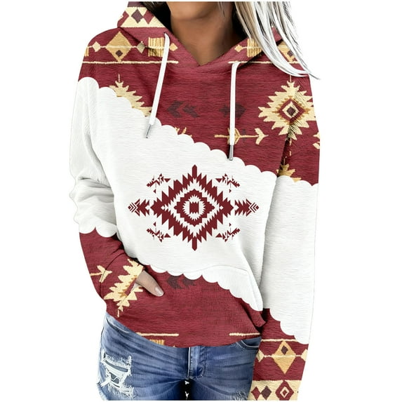 Western Aztec Casual Hoodies for Women Geometric Print Pullover Vintage Ethnic Long Sleeve Loose Hooded Sweatshirt Tops