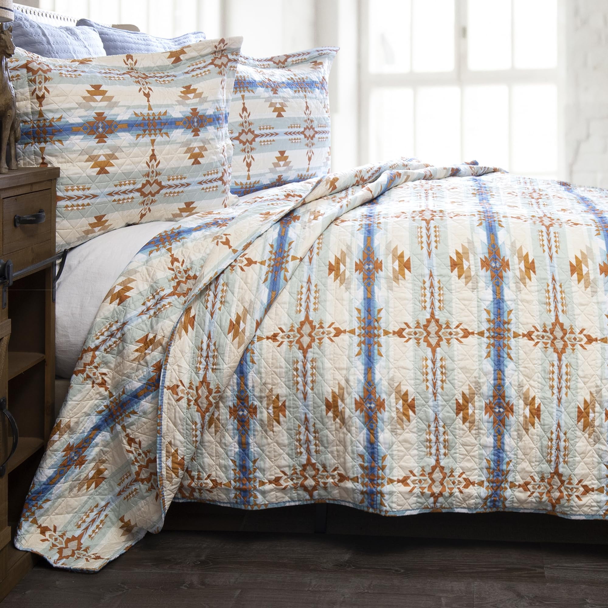 King Size Gray and Blue Southwestern Microfiber Quilt Set