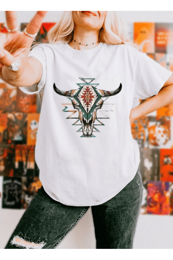 Western Aztec Cow Rustic Country Farmhouse Retro Inspired Graphic Unisex T-Shirt, up to size 5XL