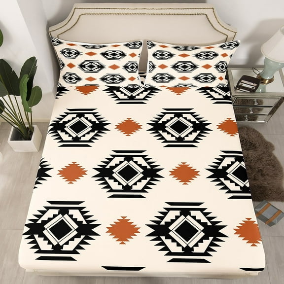 Western Aztec Fitted Sheet Rustic Boho Abstract Geometric Bedding Set Queen Size,Southwestern Cowboy Bed Sheets Adults Southwest Tribal Bohemian Bed Cover 2 Pillow Cases (No Top Sheet)