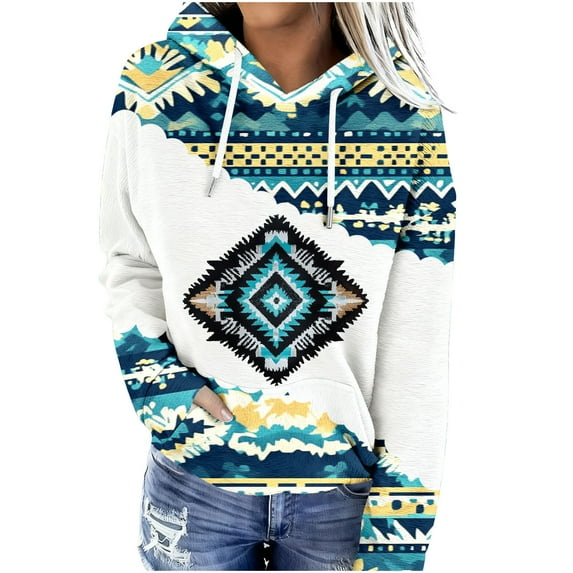 Western Aztec Hoodies for Women Geometric Print Pullover Casual Vintage Ethnic Long Sleeve Loose Hooded Sweatshirt Tops