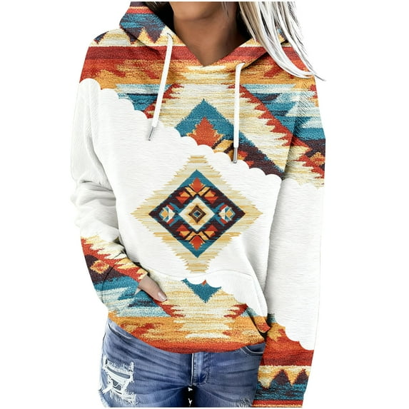 Western Aztec Hoodies for Women Geometric Print Pullover Casual Vintage Ethnic Long Sleeve Loose Hooded Sweatshirt Tops