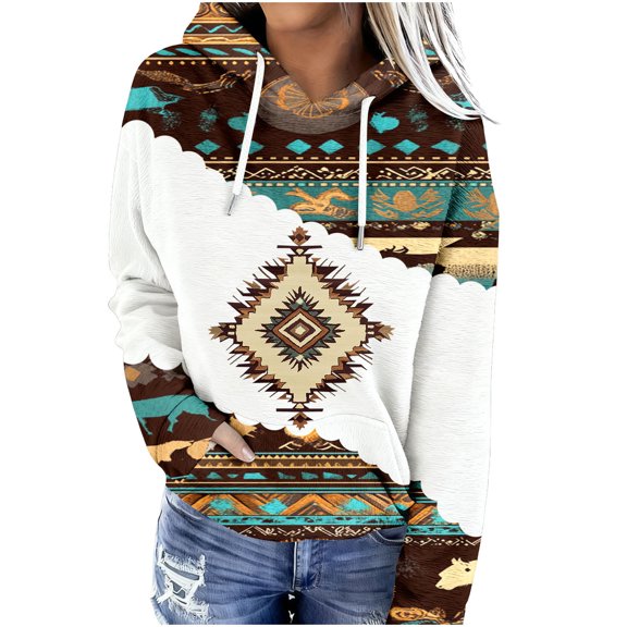 Western Aztec Hoodies for Women Geometric Print Pullover Casual Vintage Ethnic Long Sleeve Loose Hooded Sweatshirt Tops