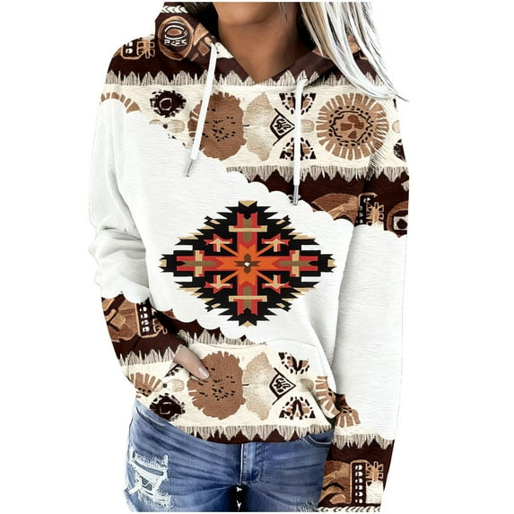 Western Aztec Hoodies for Women Pullover Casual Vintage Ethnic Geometric Print Long Sleeve Loose Hooded Sweatshirt Tops