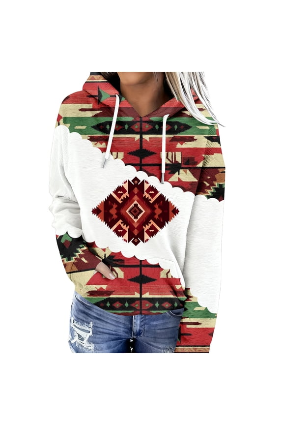 Western Aztec Hoodies for Women Pullover Casual Vintage Ethnic Geometric Print Long Sleeve Loose Hooded Sweatshirt Tops