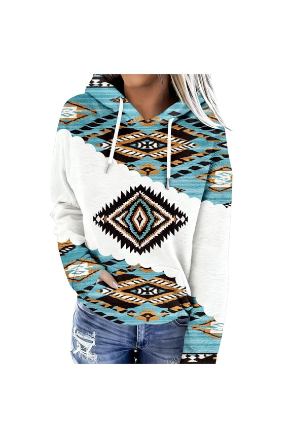 Western Aztec Hoodies for Women Pullover Casual Vintage Ethnic Geometric Print Long Sleeve Loose Hooded Sweatshirt Tops