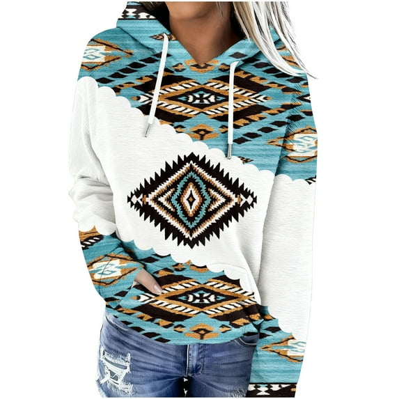 Western Aztec Hoodies for Women Pullover Casual Vintage Ethnic Geometric Print Long Sleeve Loose Hooded Sweatshirt Tops