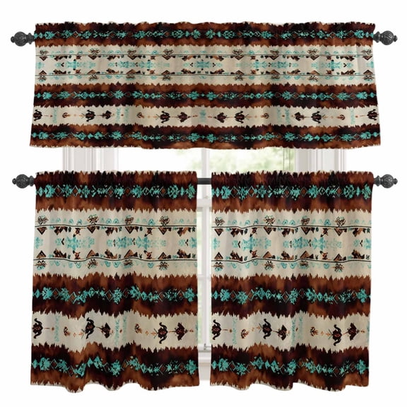 Western Aztec Kitchen Curtains Set for Windows, Brown Turquoise Tribal Ethnic Geometric Curtains Valance and Tier 3 Piece Set Small Drapes 24 Inch Length for Kitchen Bedroom Decor
