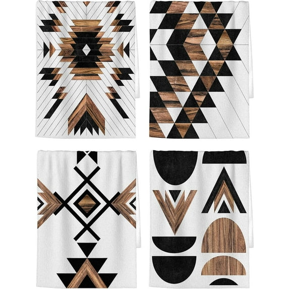 Western Aztec Kitchen Dish Cloth Towels Set of 4,Rustic Wooden Pattern Hand Towels for Kitchen Bathroom,Highly Absorbent Farmhouse Boho Tea Towels 26x18 Inch