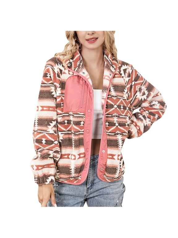 Western Aztec Printed Fleece Coats for Women 2024 Vintage Ethnic Casual Outerwear Jackets Button Down Oversized Warm Outwear