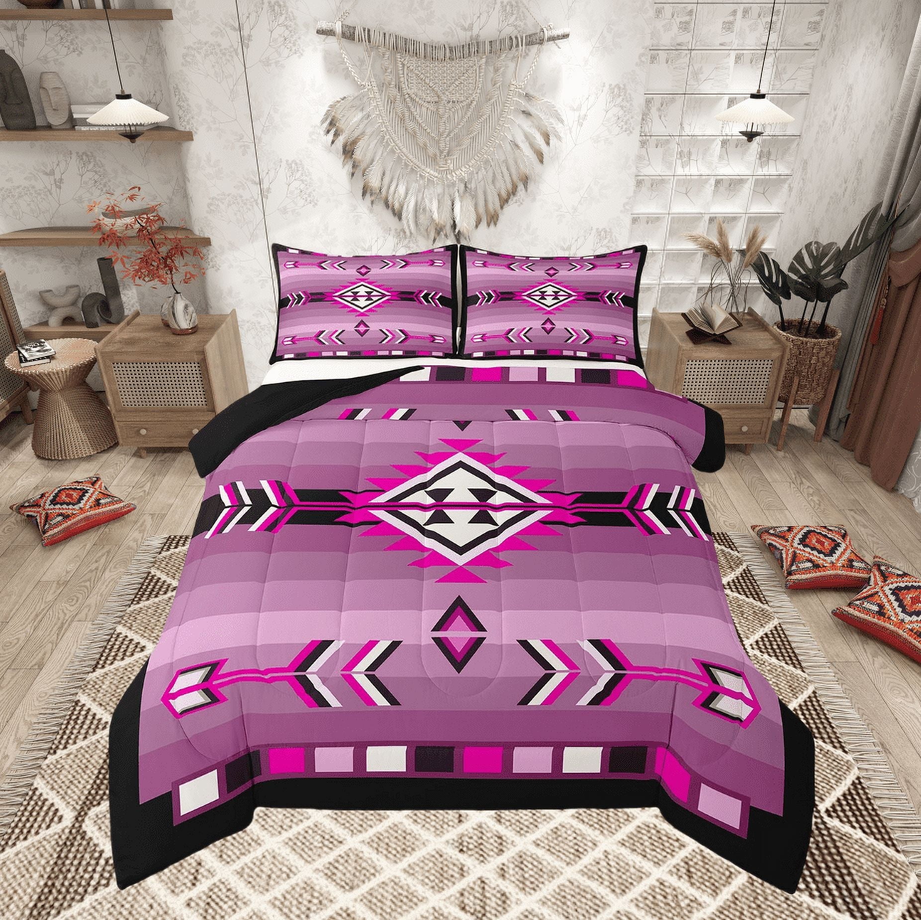 Western Aztec Quilt Set Pink Black Boho Comforter Set King Adults Women,American Southwestern Bedding Sets Exotic Tribal Geometric Bed Set 3 Pcs
