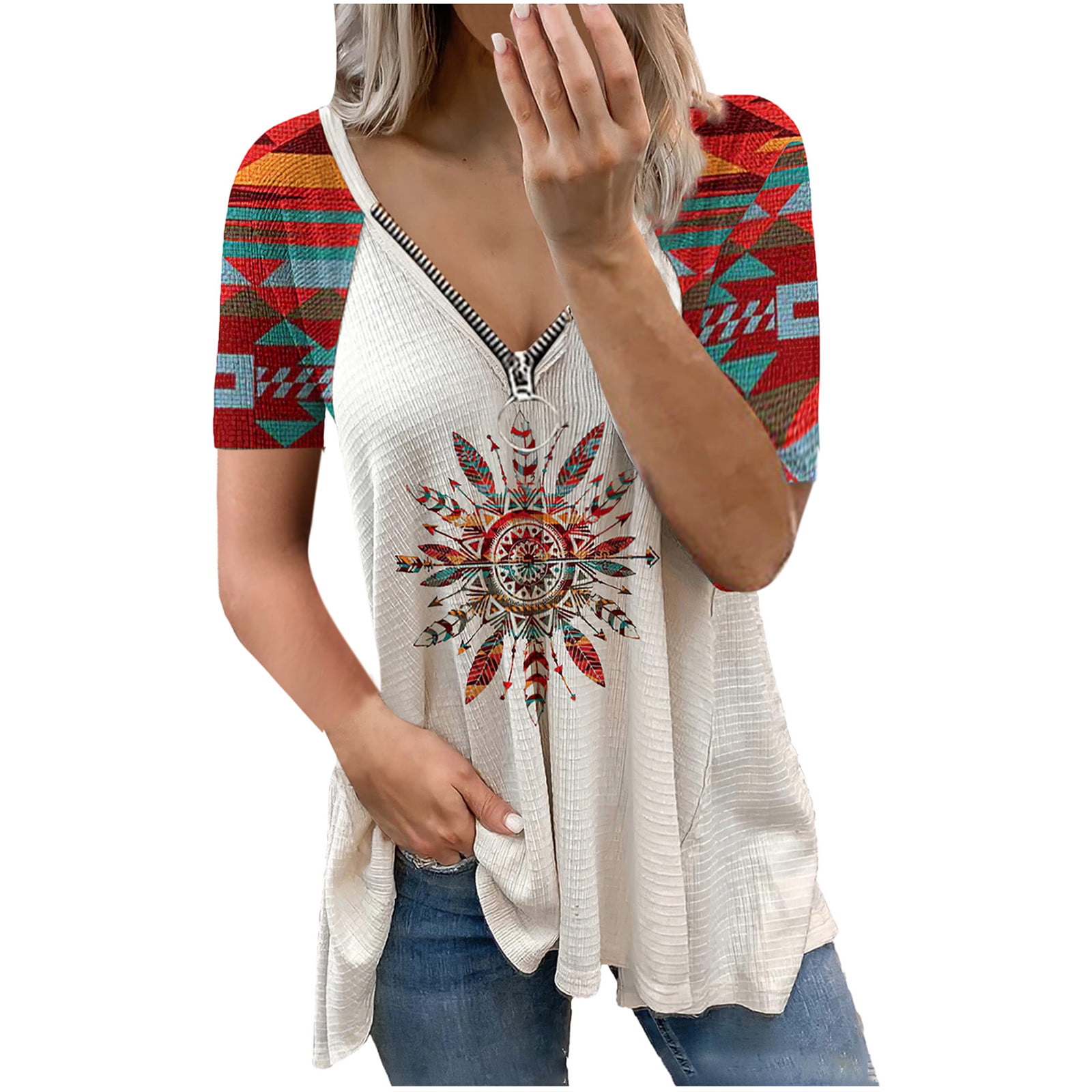 Western Aztec Shirts for Women Zipper Front V Neck Retro Tshirts Casual ...
