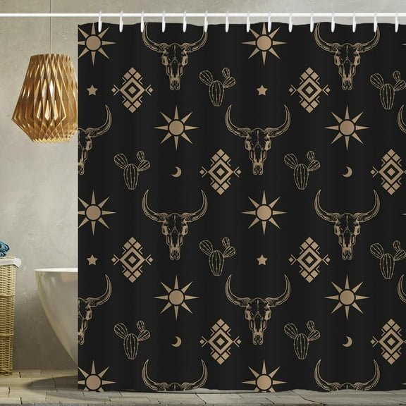 Western Aztec Shower Curtain, Boho Cow Skullhead Cactus Bohemian Black and Gold Bull Skull Shower Curtain with Hooks, 72x72 Inch Waterproof Polyester Bathroom Curtain