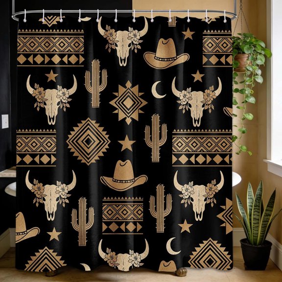 Western Aztec Shower Curtain Bull Skull Cactus Pattern Shower Curtains for Bathroom Decor, Waterproof Cloth Fabric with Hooks, 72 x 72 Inch