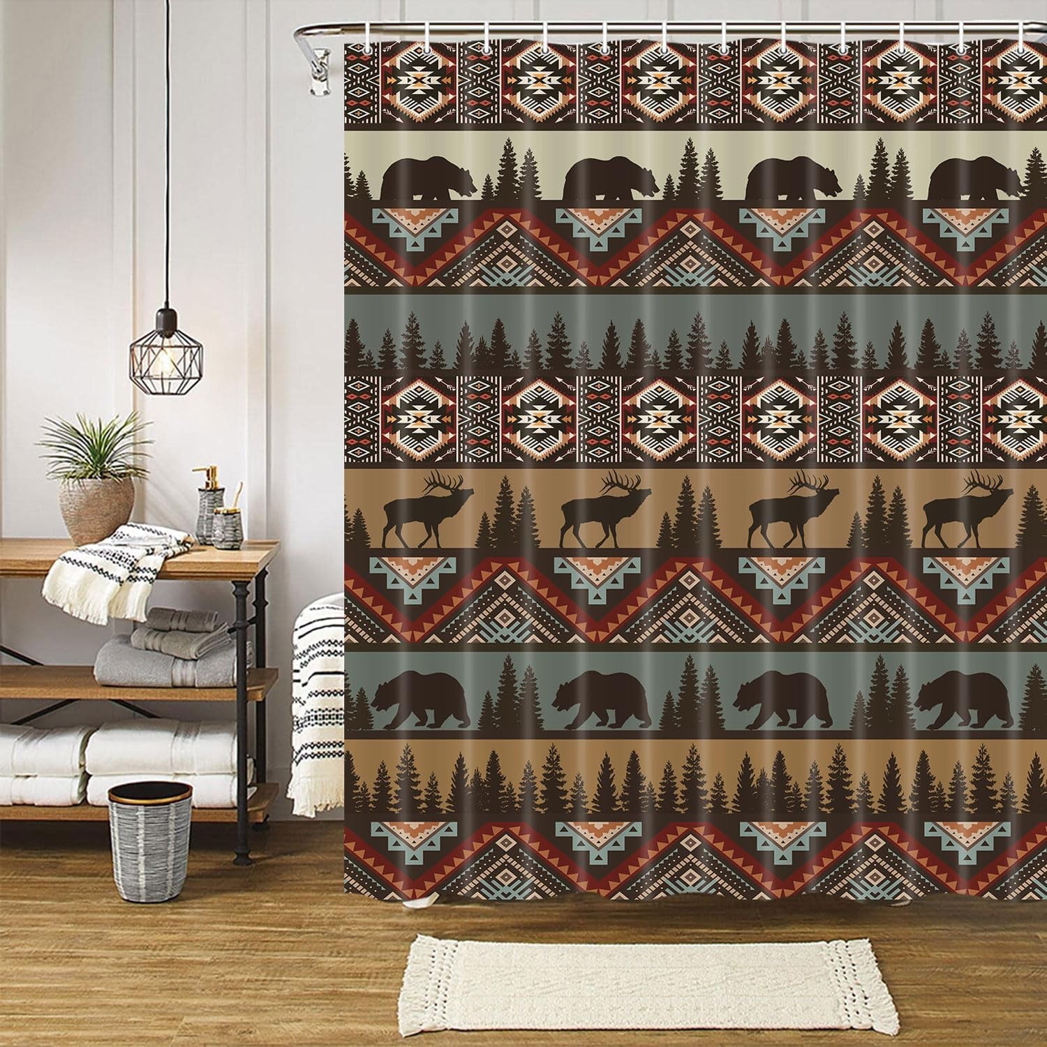 Western Aztec Shower Curtain,Geometric Vintage Shower Curtain with Hooks,Forest Cabin Bear Deer Shower Curtain for Bathroom,Farmhouse Country Bath Curtain