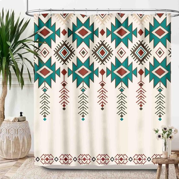 Western Aztec Shower Curtains,Boho Southwestern Abstract Pattern Geometric Vintage Green Red Aztec Pattern Rustic Country Waterproof Fabric Shower Curtain Set with Hooks,72x72 Inch