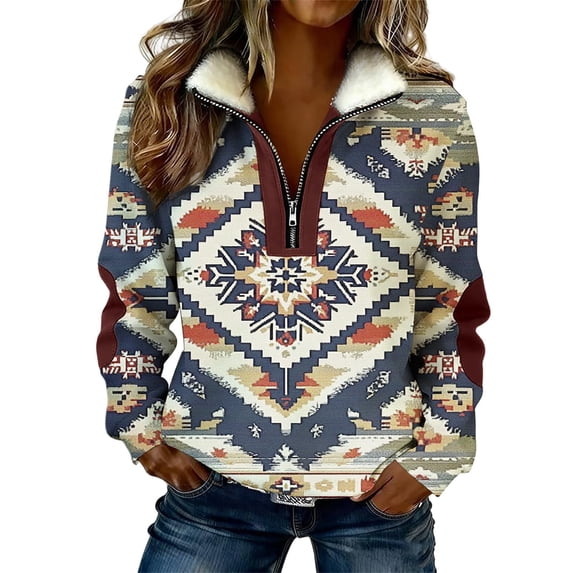 Western Aztec Style Full Zip Hoodless Sweatshirt Long Sleeve Pullover Casual Streetwear Top for Ladies,Navy,XXXXXL