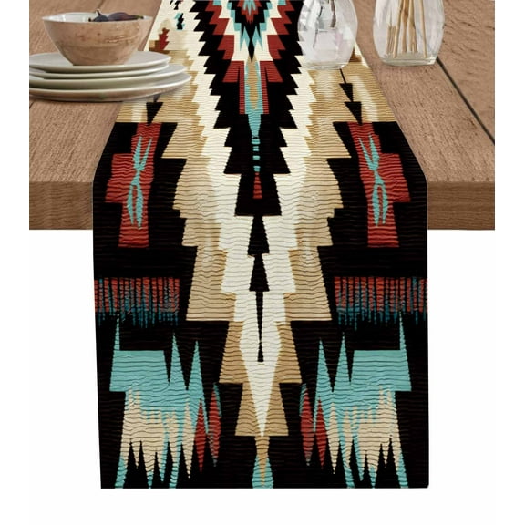 Western Aztec Table Runner-Cotton Linen- 48 Inch Holiday Dresser Scarves, Rustic Tribal Southwestern Boho Ethnic Tablerunner for Kitchen Coffee/Dining Bedroom Living Room Dinner Scarf Décor 13x48