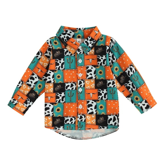 Western Baby Boy Clothes 6M 12M 18M  24M  2Y 3Y 4Y Long Sleeve Cow Print Shirts Button Down Lapel Tops Tees Fall Winter Clothes