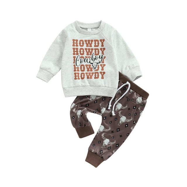 Western Baby Boy Clothes Cow Print Crewneck Sweatshirt Top Casual Pants