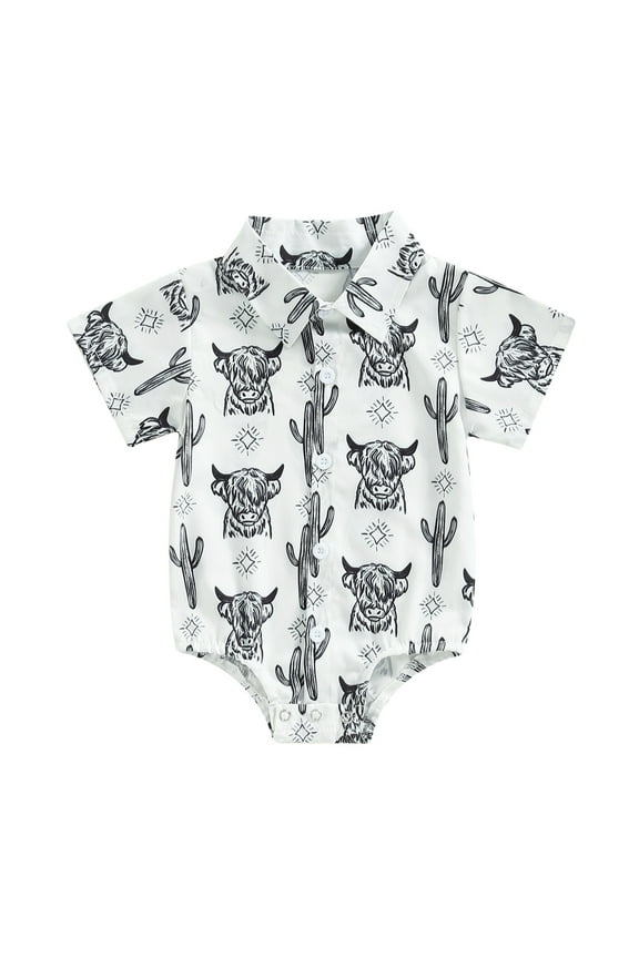 Western Baby Boy Clothes Cow Print Onesie Dress Shirt Short Sleeve Button Down Romper Bodysuit Hawaii Cowboy Outfit