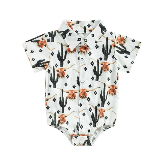 Western Baby Boy Clothes Cow Print Shirt Romper Short Sleeve Lapel Button Bodysuit Cowboy One Piece Gentleman Outfit
